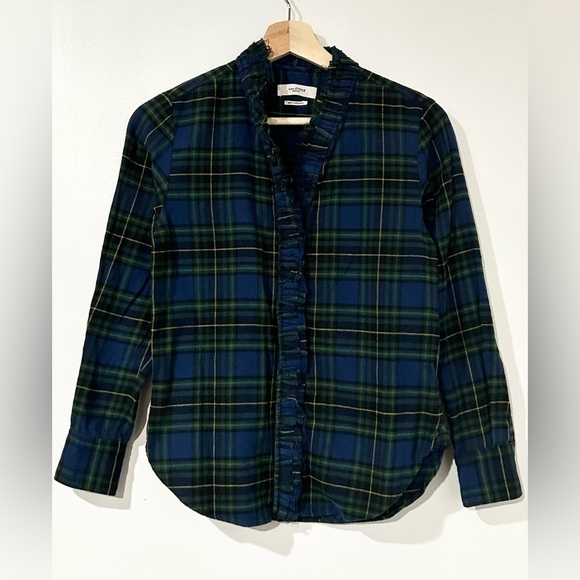 Isabel Marant‎ Etoile Awendy Checked Ruffled Shirt Blue Green Plaid 2 - Picture 4 of 8